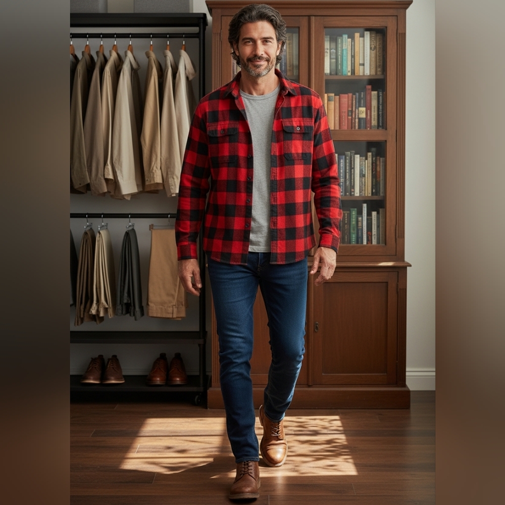 DIP Organic Cotton Red/Black Plaid Longsleeve Button Up  Flannel  Shirt  XLT